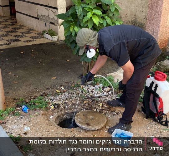 איש הדברה עם מסכה מרסס חומר לתוך ביוב